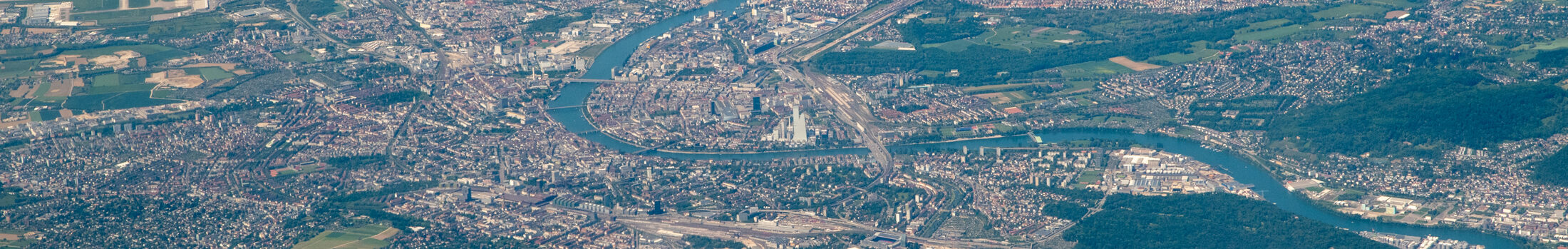 Aerial view of Basel, Switzerland, with the Rhine river running through the city